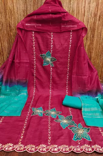 Women pink coco silk dress material with dupatta