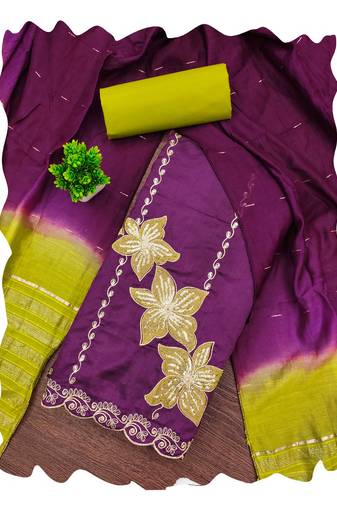 Women purple coco silk  dress material with dupatta
