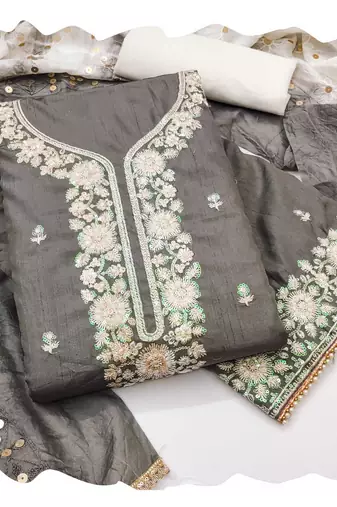 Women grey jalpari cotton  dress material with dupatta