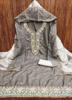 Women grey jalpari cotton dress material with dupatta 3