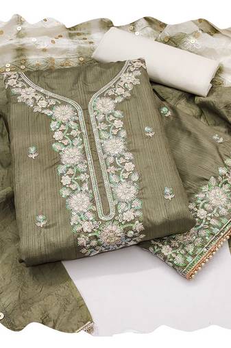 Women olive green jalpari cotton  dress material with dupatta