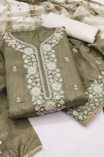 Women olive green jalpari cotton dress material with dupatta