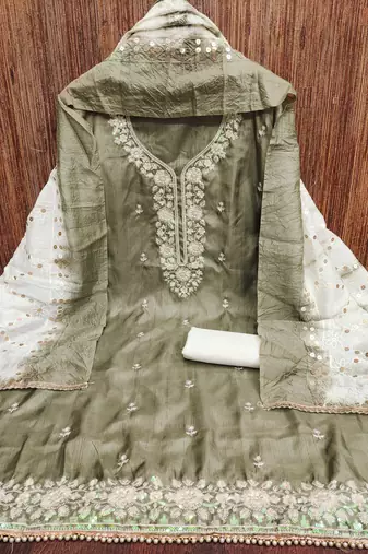 Women olive green jalpari cotton dress material with dupatta