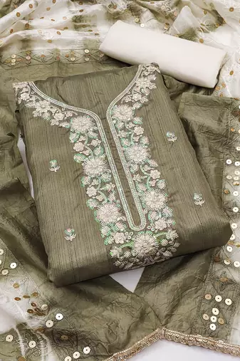 Women olive green jalpari cotton dress material with dupatta