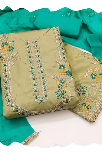 Women olive green jalpari cotton  dress material with dupatta