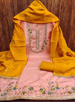 Women peach jalpari cotton  dress material with dupatta 3