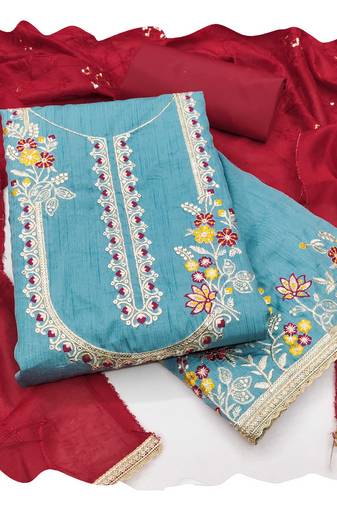 Women sky blue jalpari cotton  dress material with dupatta