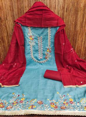 Women sky blue jalpari cotton  dress material with dupatta 3