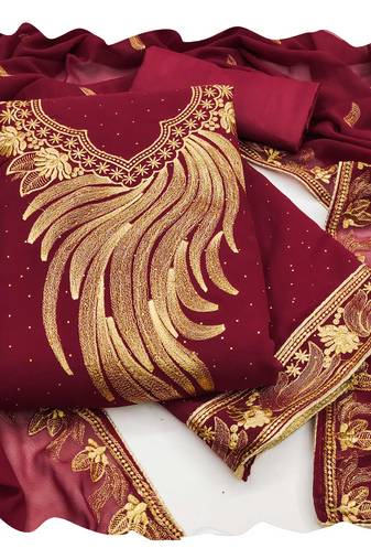 Women maroon georgette  dress material with dupatta