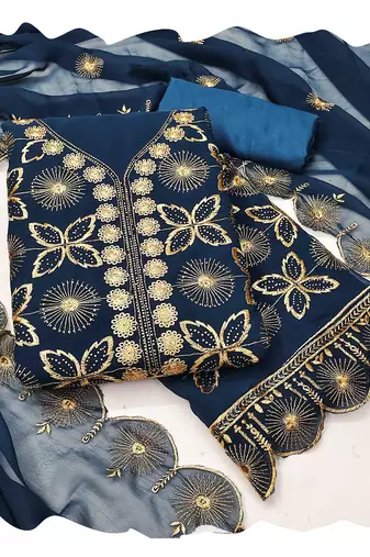 Women blue georgette  dress material with dupatta