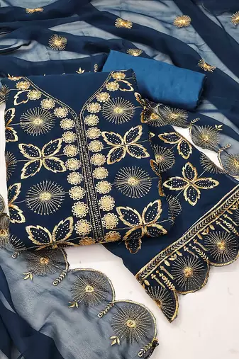 Women blue georgette dress material with dupatta