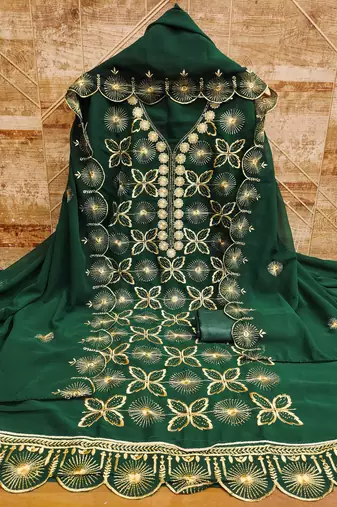 Women green georgette dress material with dupatta