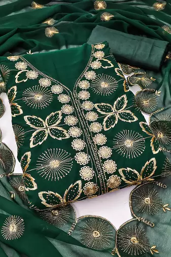 Women green georgette dress material with dupatta