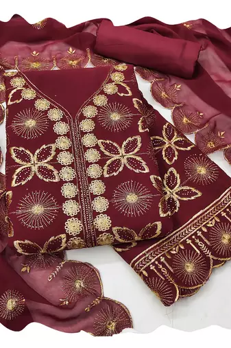 Women maroon georgette  dress material with dupatta