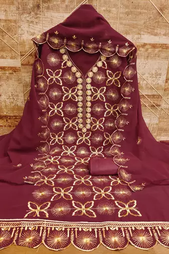 Women maroon georgette dress material with dupatta