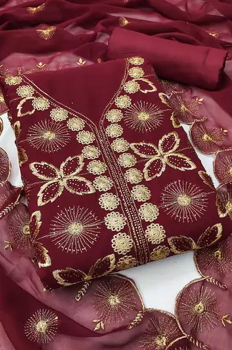 Women maroon georgette dress material with dupatta