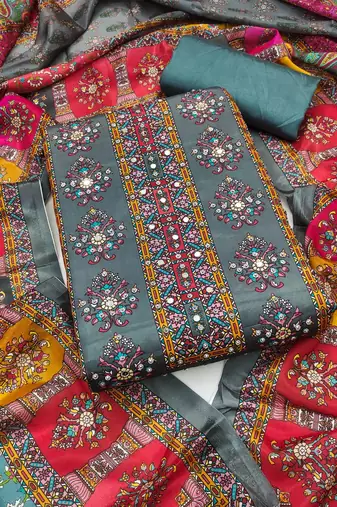 Women multi chinnon  dress material with dupatta