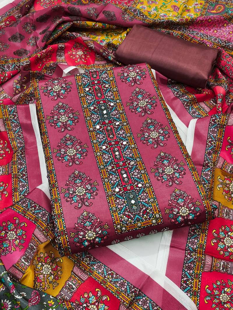 Women multi chinnon  dress material with dupatta