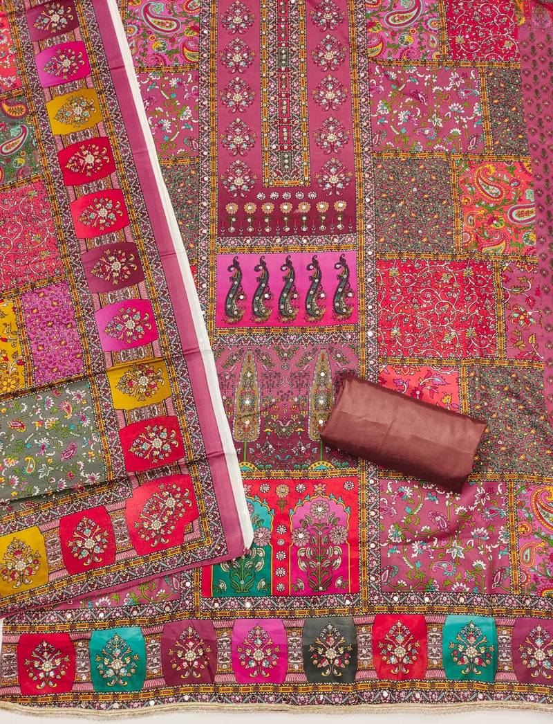 Women multi chinnon  dress material with dupatta