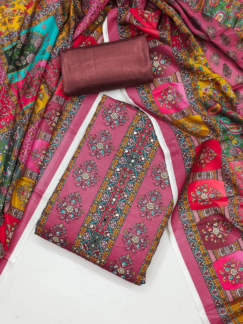 Women multi chinnon  dress material with dupatta