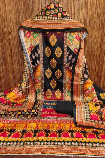 Women multi chinnon dress material with dupatta
