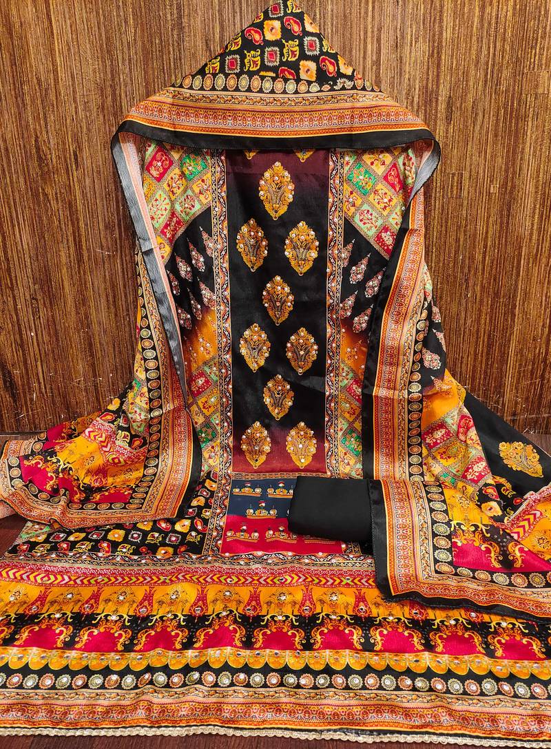 Women multi chinnon  dress material with dupatta