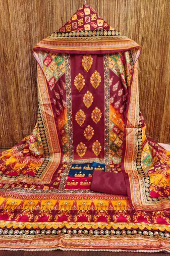 Women multi chinnon dress material with dupatta
