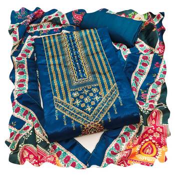 Women blue chinnon  dress material with dupatta 1