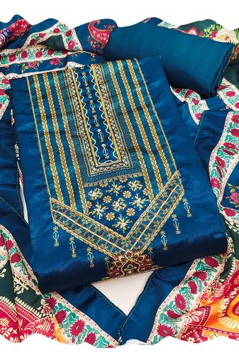Women blue chinnon  dress material with dupatta