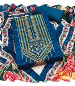 Women blue chinnon  dress material with dupatta