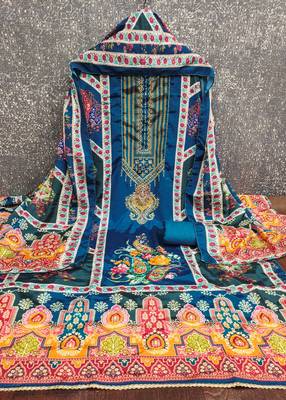 Women blue chinnon  dress material with dupatta 3