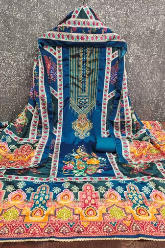 Women blue chinnon  dress material with dupatta