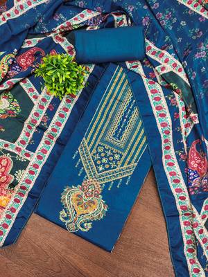 Women blue chinnon  dress material with dupatta 4