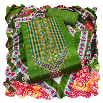 Women green chinnon dress material with dupatta 1