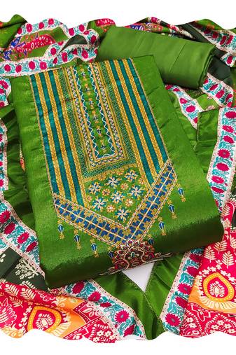 Women green chinnon  dress material with dupatta