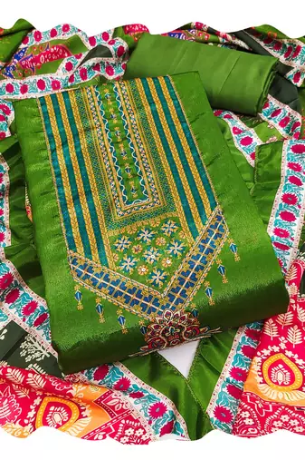 Women green chinnon  dress material with dupatta