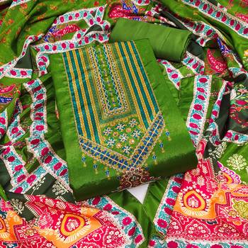 Women green chinnon dress material with dupatta 2