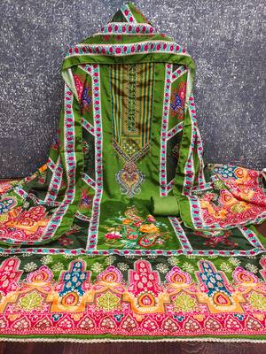 Women green chinnon dress material with dupatta 3