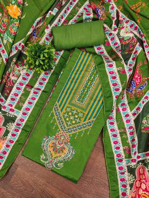 Women green chinnon dress material with dupatta 4