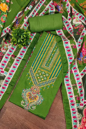 Women green chinnon dress material with dupatta