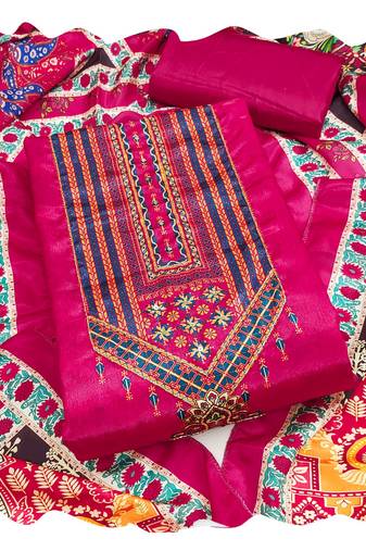 Women pink chinnon  dress material with dupatta