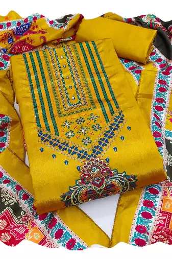 Women yellow chinnon  dress material with dupatta
