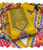Women yellow chinnon  dress material with dupatta