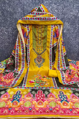 Women yellow chinnon dress material with dupatta