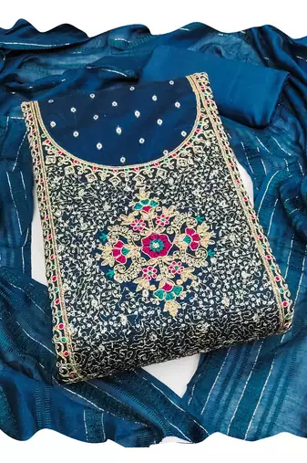 Women blue modal butti jacquard  dress material with dupatta