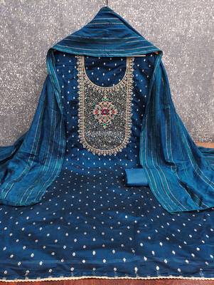 Women blue modal butti jacquard dress material with dupatta 3