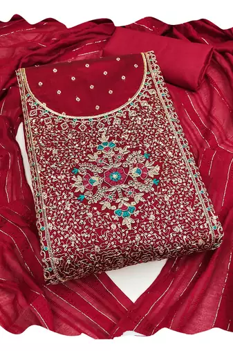 Women maroon modal butti jacquard  dress material with dupatta