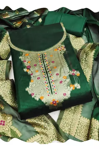 Women green organja jacquard  dress material with dupatta