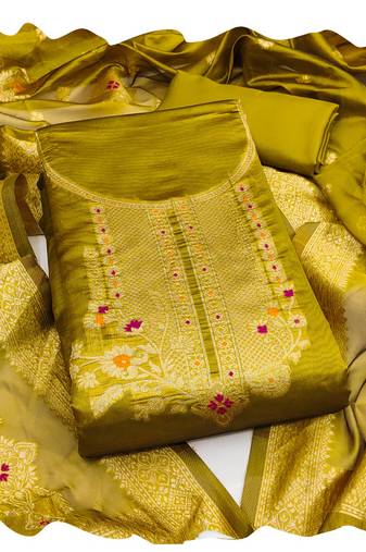 Women mehandi organja jacquard  dress material with dupatta