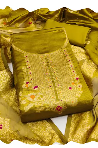 Women mehandi organja jacquard  dress material with dupatta